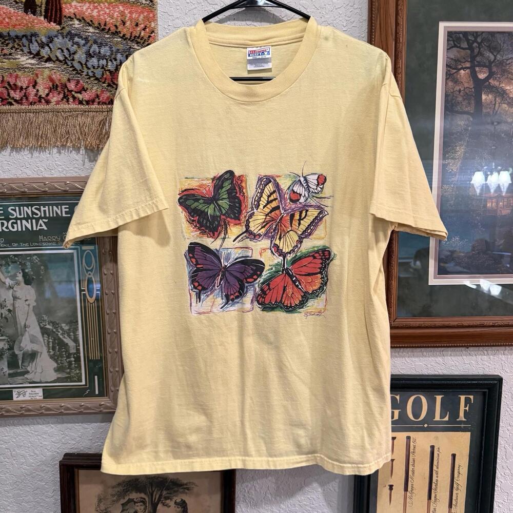 Vintage 90s AOP Colorful‎ Butterfly Nature Art Yellow Shirt Size Large